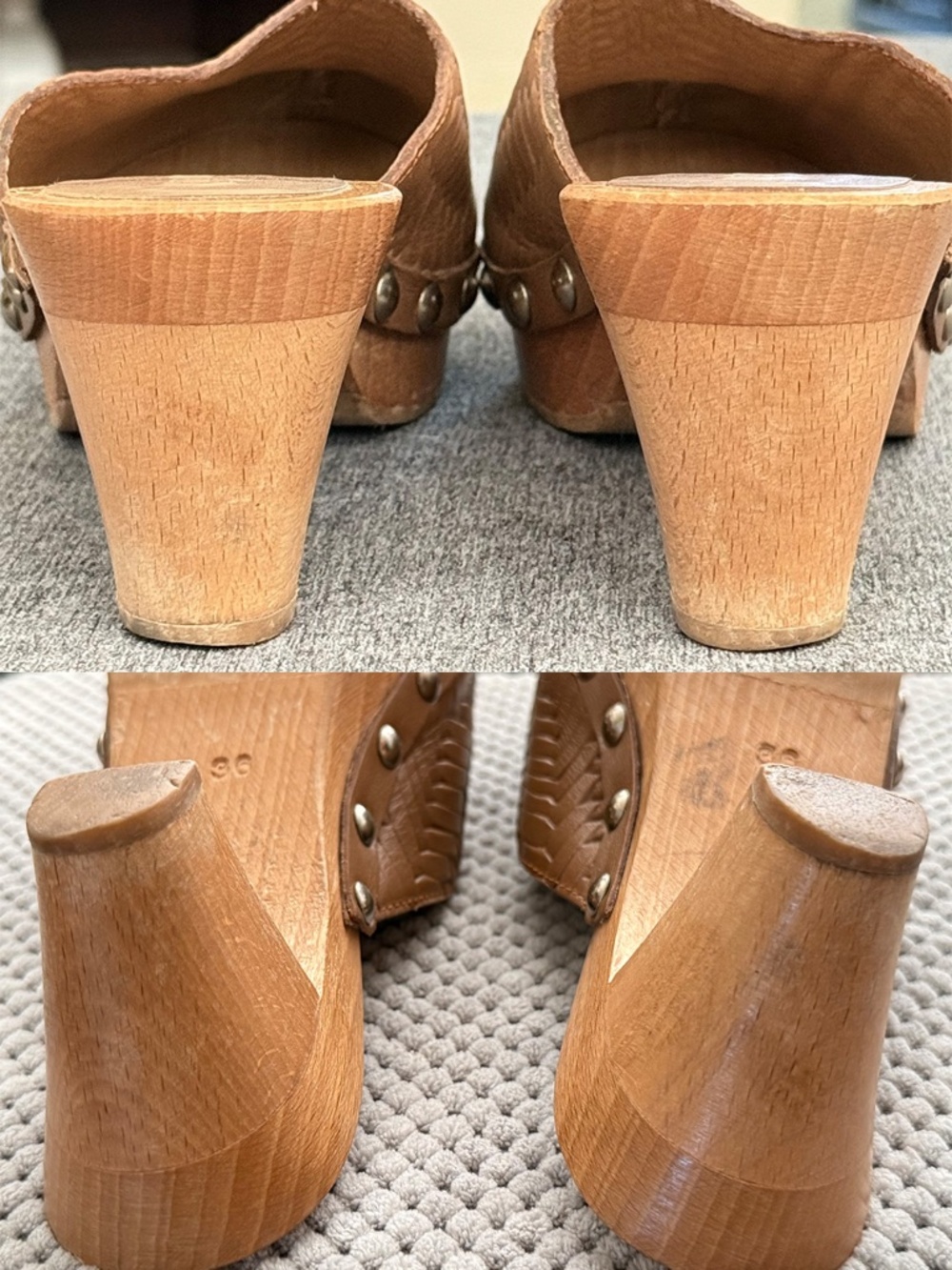 Miu Miu 36 US 6 Y2K Woven Leather Wooden Mules Metal Studs Chunky Wood Mid-Heel - Picture 8 of 10